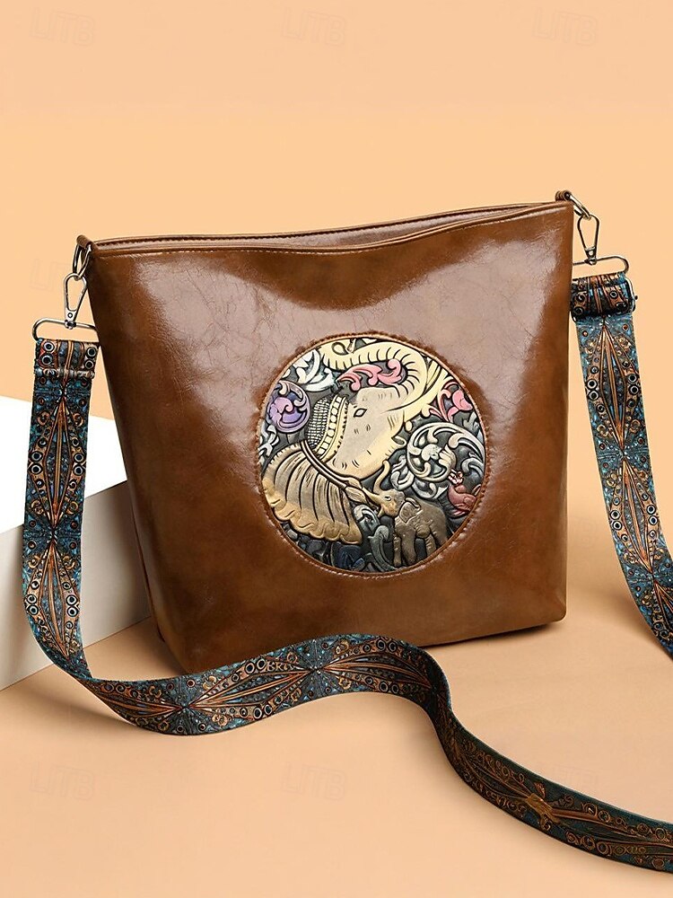 Women's Vintage Elephant Embossed Shoulder Bag – Boho Faux Leather Crossbody Purse with Adjustable Strap, Casual Travel & Everyday Handbag 2025 - $18.99 –P4