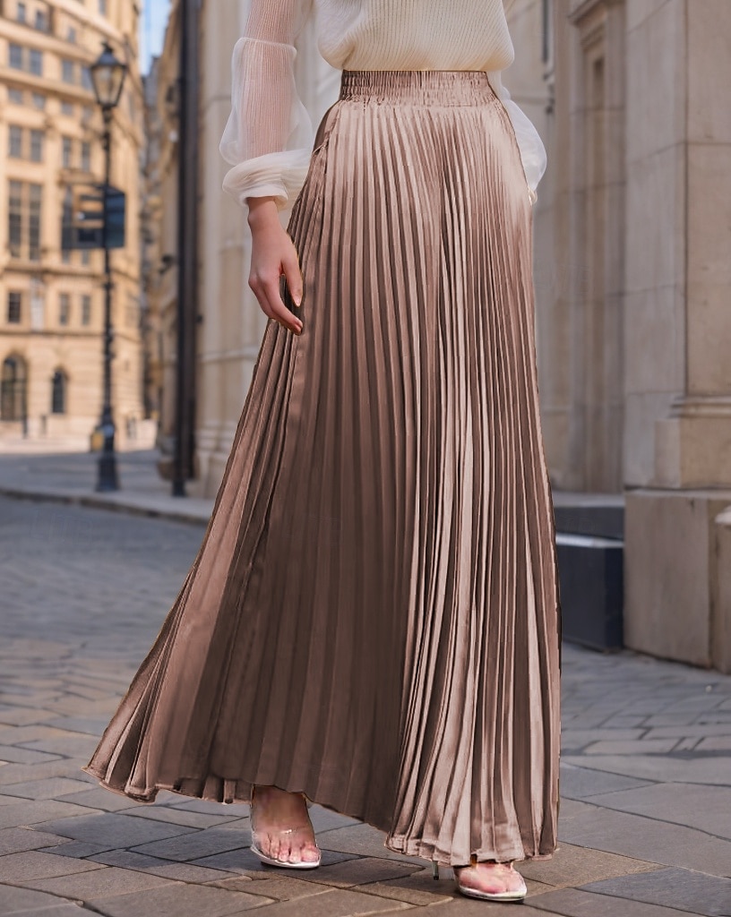 Damen Rock Langer Rock Mode Lang Maxi Hohe Taille Röcke Einfarbig Gerafft Plissiert Schimmernd Mikroelastisch Täglich Ferien Silber Pfauenblau Marineblau Schwarz Frühling, Herbst, Winter, Sommer 2025 - $23.99 –P9