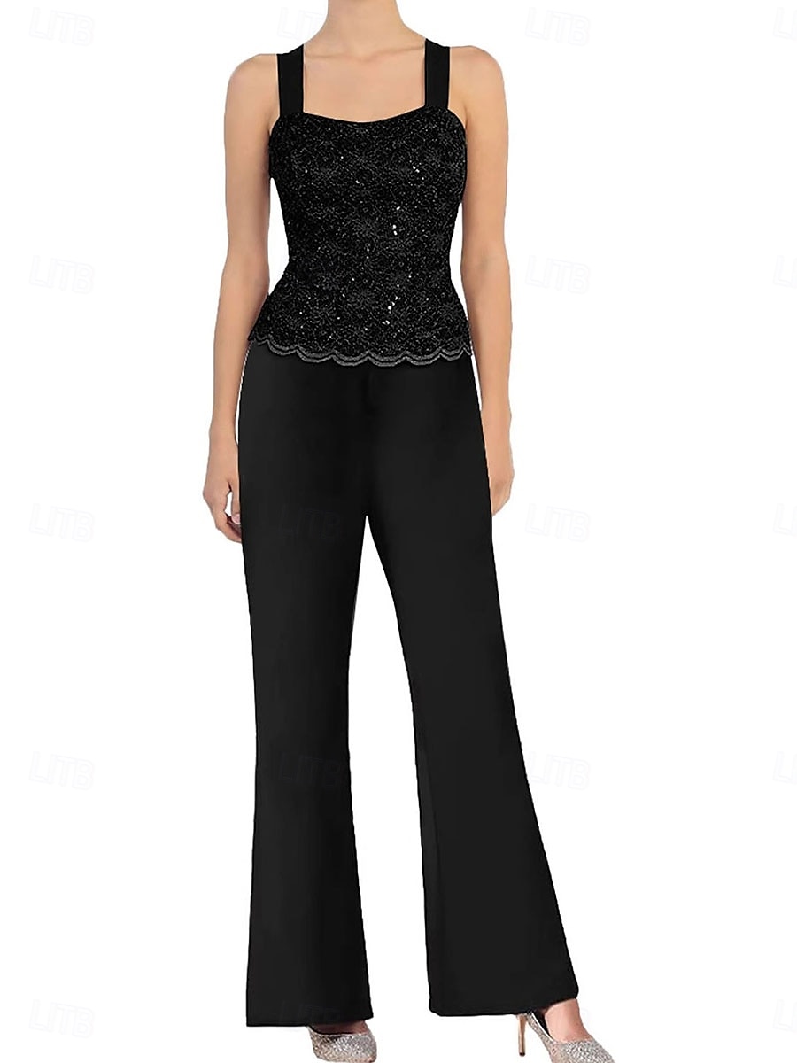 Hosenanzug Mutter der Braut Kleid Elegantes einfaches Rundhals Knöchellang Polyester Langarm mit Spitze Einfarbig 2025 - $103.99 –P7