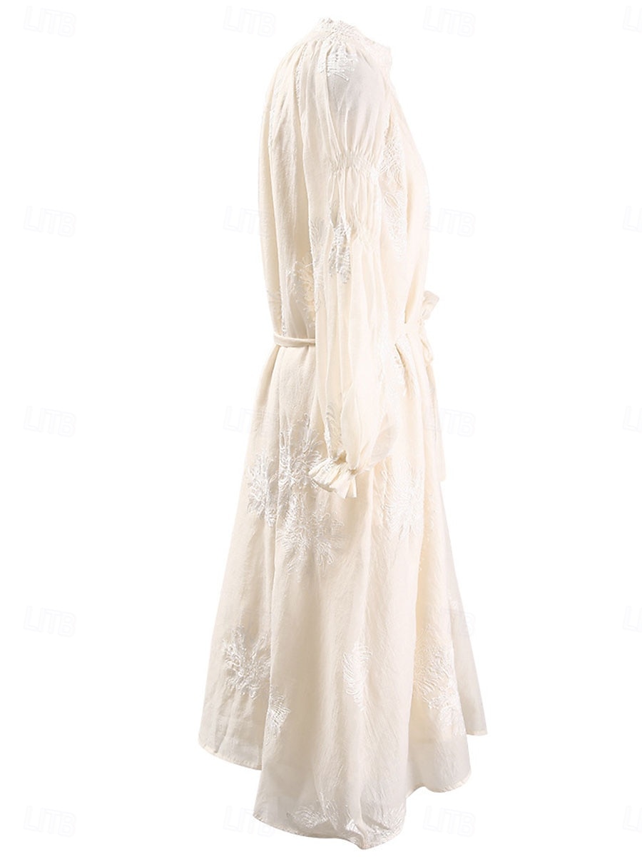 Abito per la madre della sposa elegante vintage semplice scollatura a V lunghezza tea in misto cotone maniche lunghe con ricami abito midi per ospiti di matrimonio del 2025 a $84.99 –P3