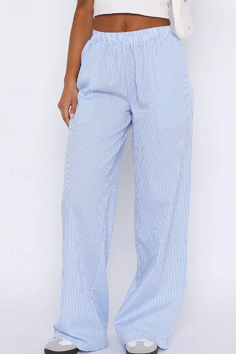 Damen Weites Bein Stoffhosen Mode Streetwear Volle Länge Natürliche Taille Gestreift Tasche Elastischer Bund Bequem Straße Ausgehen Rosa Blau Sommer Normale Passform 2025 - $26.99 –P3