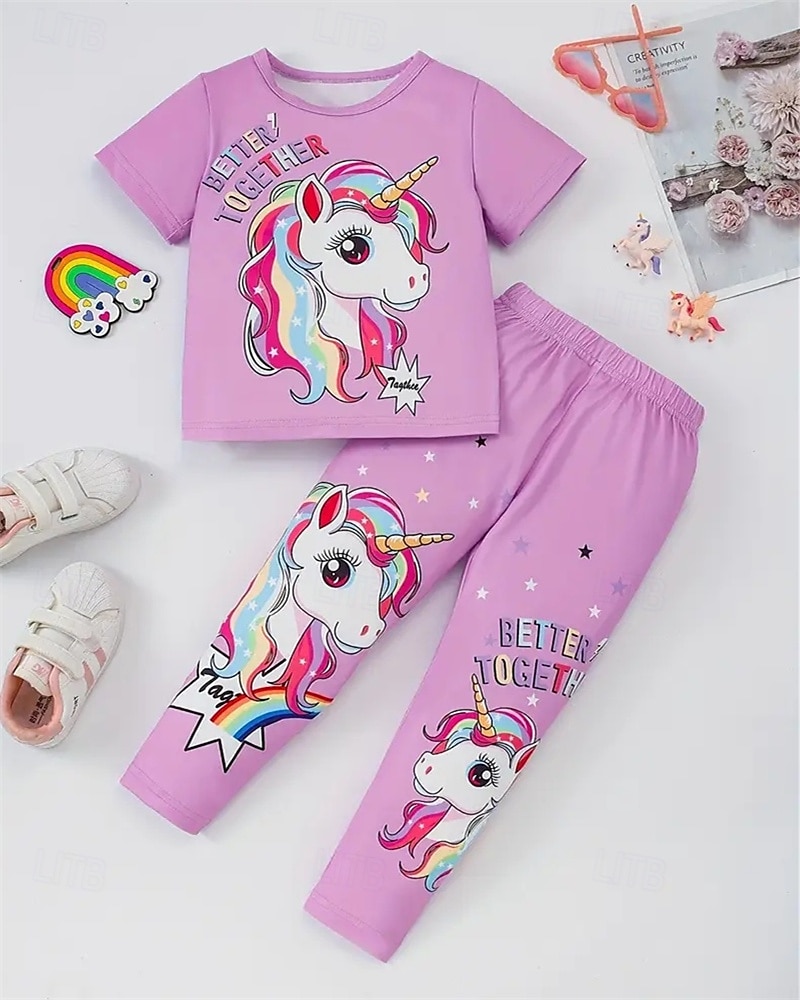 Tyttöjen 3D Yksisarvinen Pyjama-setit Tee & Pants Pyjama-setit Lyhythihainen 3D-tulostus Kesä Kevät Aktiivinen Perus Lapset 4 vuotta + Tiukka pyöreä kaula-aukko Koti Päivittäin Normaali 2025 - $17.99 –P14