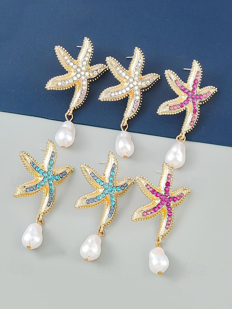 orecchini pendenti a forma di stella marina in oro con perla – orecchini a bottone in cristallo ispirati all'oceano, gioielli estivi da spiaggia per donna, accessorio elegante e alla moda per vacanze e feste del 2025 a $9.99 –P5