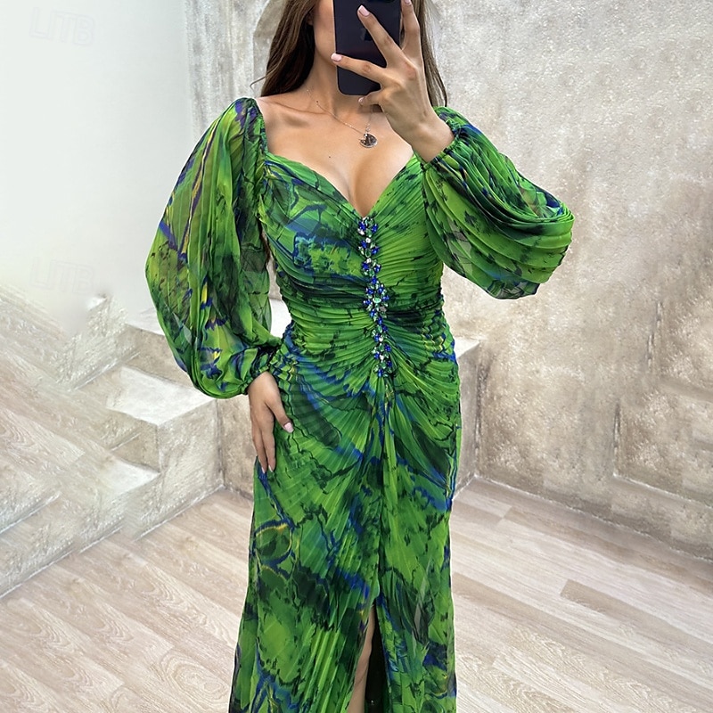 Femme robe longue robe soirée Robe froncée Mode Soirée Standard Fleur manche longue Col V Jaune Vin Bleu Vert Eté de 2025 ? $30.99 –P12