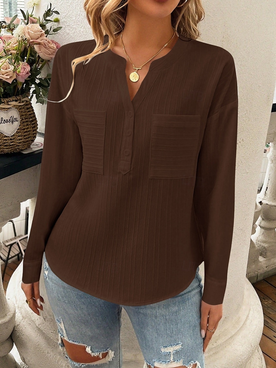 Dame Bluse Helfarge Stilfull Fritid Langermet V-hals Vanlige topper Daglig Knapper Hvit Rosa Brun Aprikos Sommer Vår 2025 - $26.99 –P6