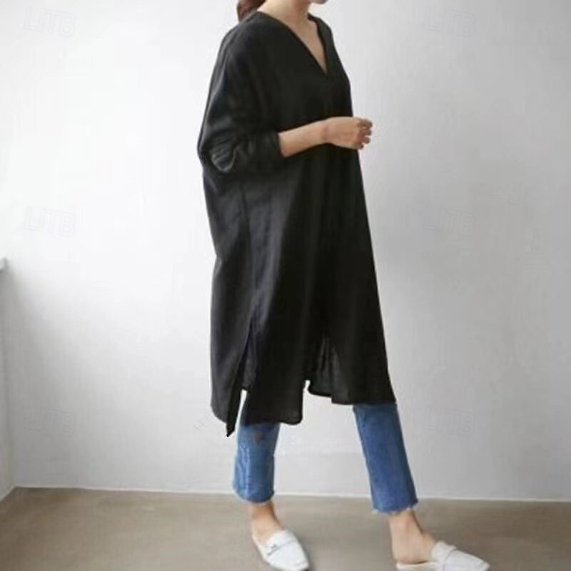 Femmes Robe Midi Robes inspirées du lin Robe en coton et lin Mode Basique Moderne Quotidien Fête Sortir Coupe régulière Uni manche longue Col en V Noir Blanche Été de 2025 ? $26.99 –P5