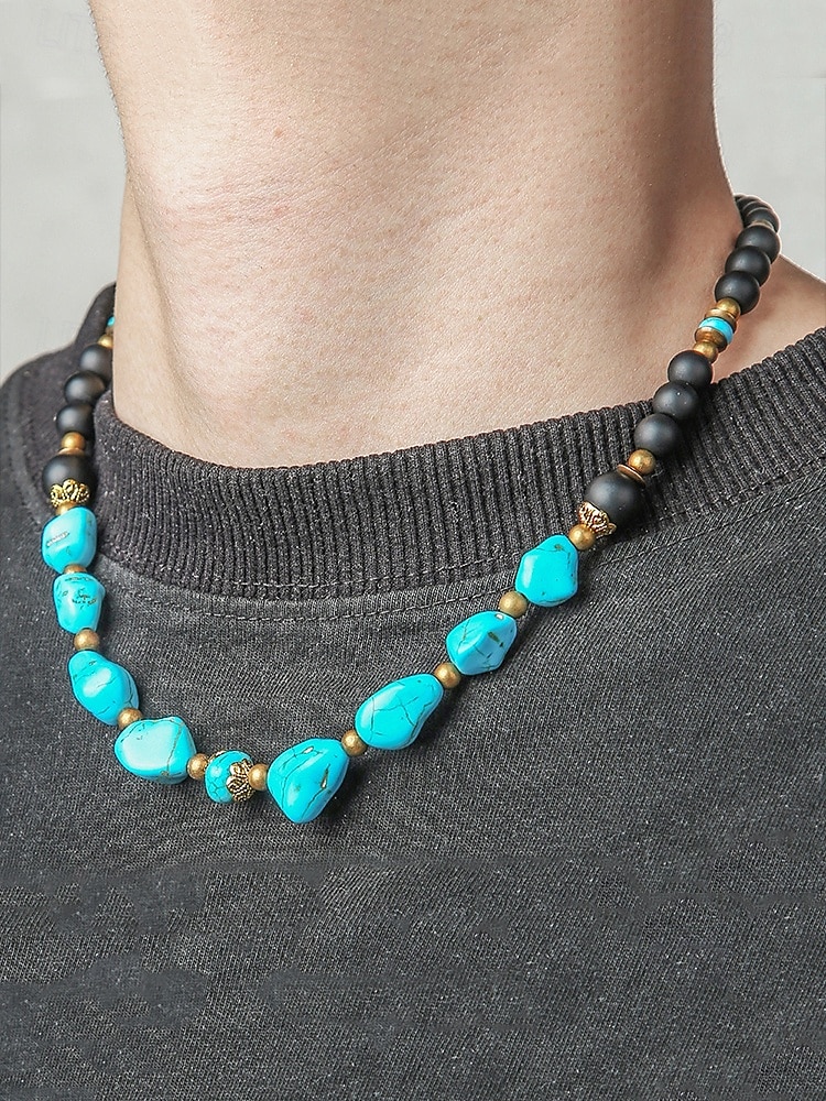 Collier de perles en pierre naturelle fait main pour homme – ras du cou style bohème vintage turquoise et agate noire, bijoux tribaux pour la plage, les voyages et les tenues décontractées de 2025 ? $9.99 –P2