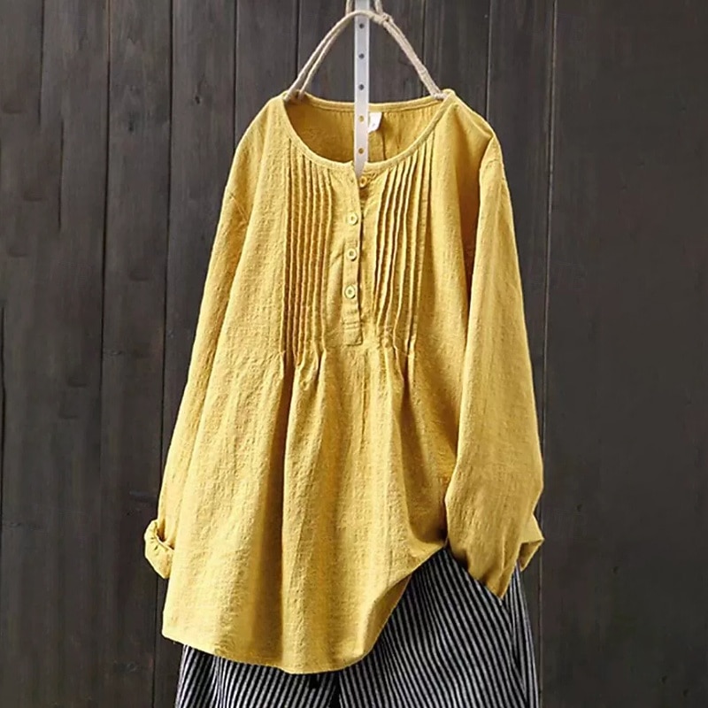 Women's Blouse Faux Cotton Linen Ruched Buttons Plain Modern Casual Long Sleeve Crew Neck Regular Tops Daily Going out White Yellow Pink Navy Blue Summer 2026 - $6.49 –P3