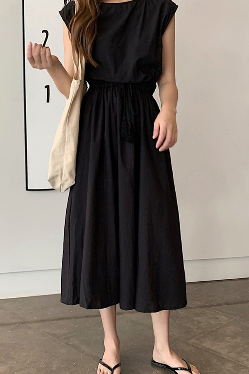 Per donna Abito Midi Abiti in cotone e lino Moda Classico Moderno All'aperto Quotidiano Ferie Vestibilità regolare Semplice Senza Maniche Girocollo Nero Verde chiaro Verde militare Blu marino Estate del 2025 a $26.99 –P18