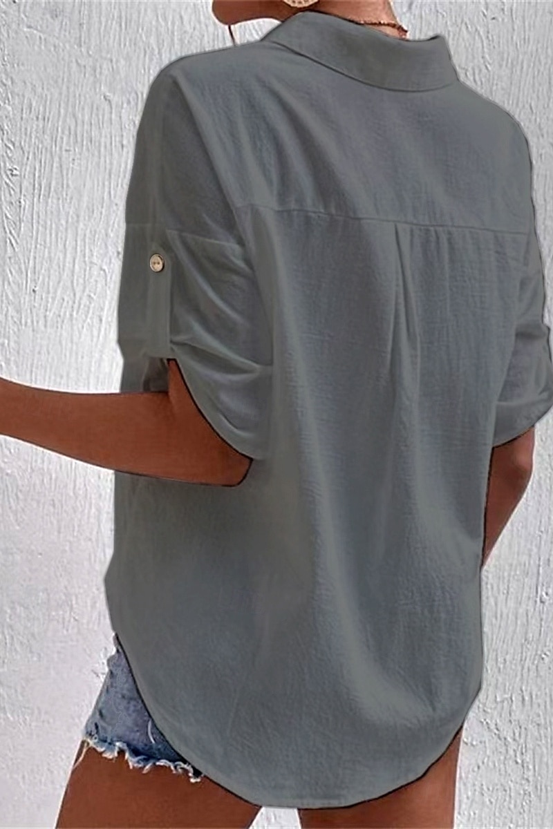 Damen Hemd Baumwoll-Leinen-Hemden Knopfleiste Bluse Einfach Basic Lässig Kurzarm Hemdkragen Normale Oberteile Ferien Ausgehen Knöpfe Tasche Schwarz Weiß Marineblau Khaki Grau Sommer 2025 - $21.99 –P16