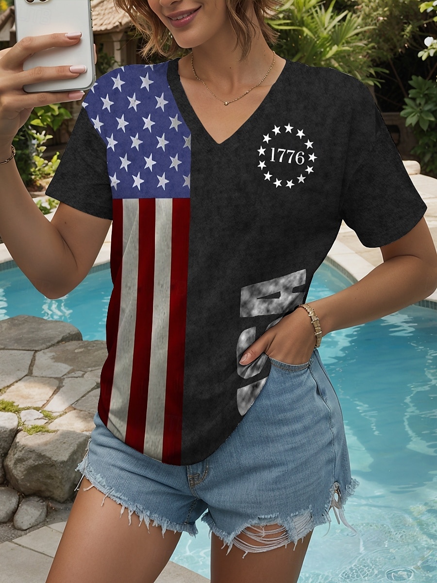 T-Shirt da Donna per il Giorno dell'Indipendenza Grafica Bandiera Lettera Casual Maniche Corte Girocollo Top Regolari Quotidiano Stampa Nera Blu Marrone Estate Primavera del 2025 a $19.99 –P4