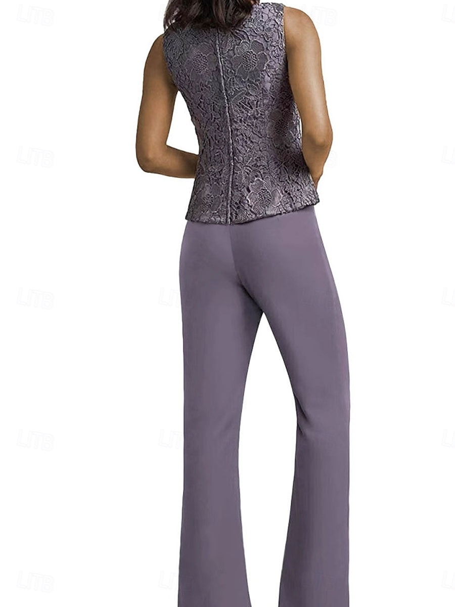 Hosenanzug Brautmutterkleid Hochzeitsgast Elegant Einfach Rundausschnitt Bodenlang Polyester Langarm mit Applikationen Einfarbig 2025 2025 - $103.99 –P3