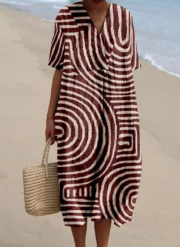 Damen Midikleid Sommerkleid A Linie Kleid Urlaub Lässig Strand Ausgehen Lässiger Schnitt Grafik Geometrisch Kurzarm V Ausschnitt Weinrot Orange cremefarben Dunkelgray Sommer 2025 - $36.99 –P3