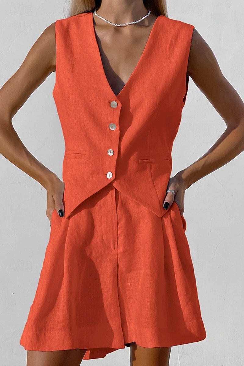 Femmes Mode Streetwear Ensembles inspirés du lin Ensembles deux pièces Chemisier Sans manches Col en V Couleur Unie Dubbele Rij Knopen Sortir Décontracté Quotidien Blanche Bleu Orange Été Coupe de 2025 ? $31.99 –P18