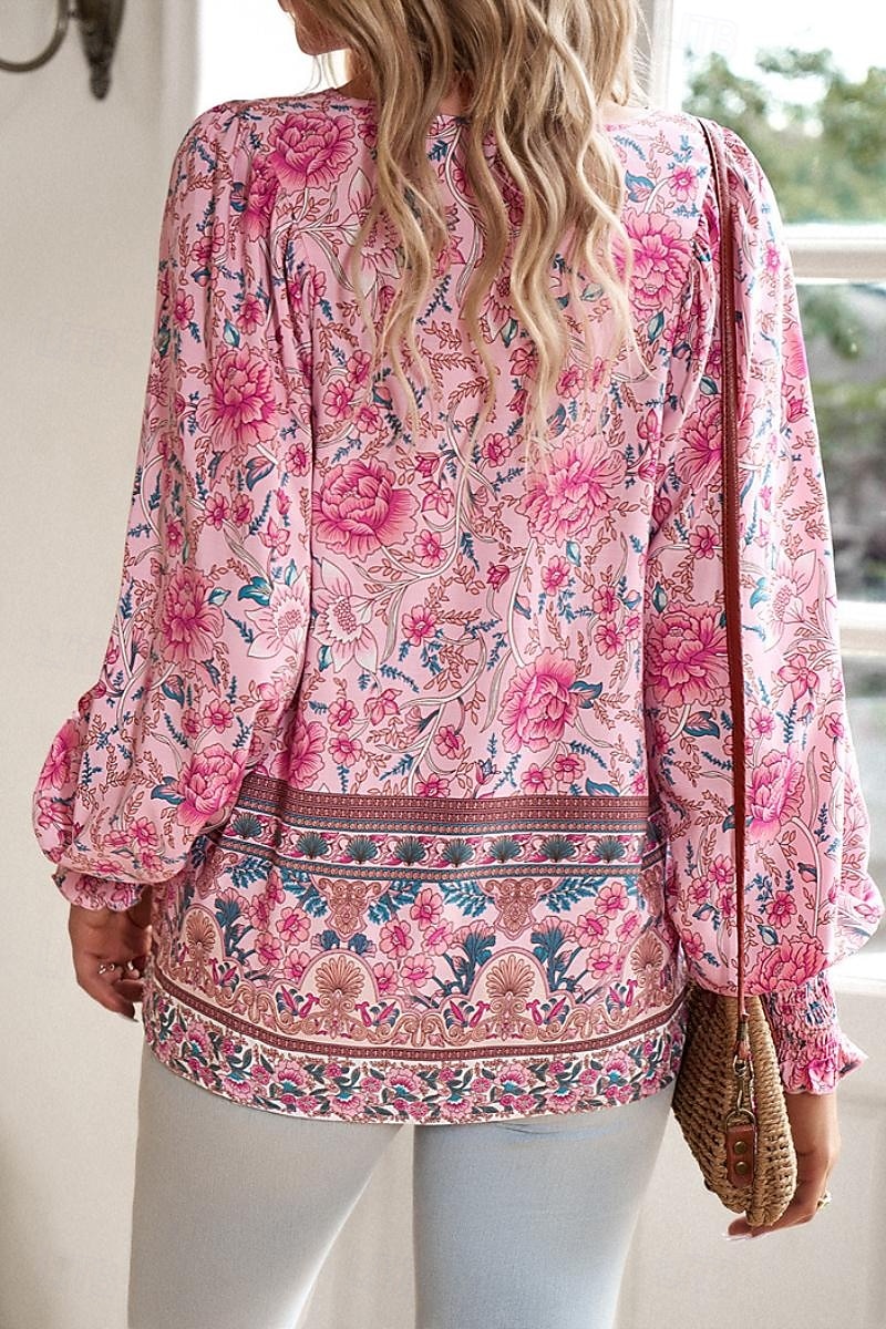 Dame Skjorte Bluse Blomsternål i krystall Daglig Stilfull Fritid Langermet V-hals Vanlige topper Daglig Ferie Trykt mønster Rosa Navyblå Blå Aprikos Vår 2025 - $29.99 –P11