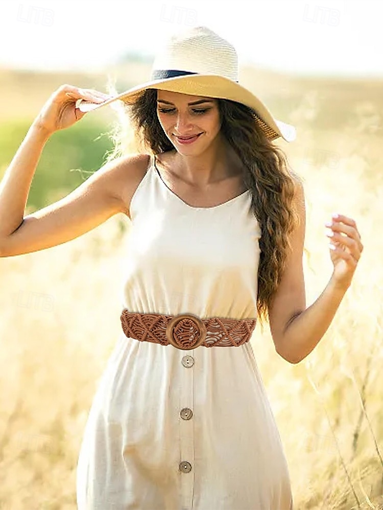 tkaný opasek boho macrame pro ženy – ručně vyrobený široký bederní pás s dřevěnou přezkou, vintage chic styl pro šaty, ležérní outfity a letní plážové oblečení 2025 - $11.99 –P4