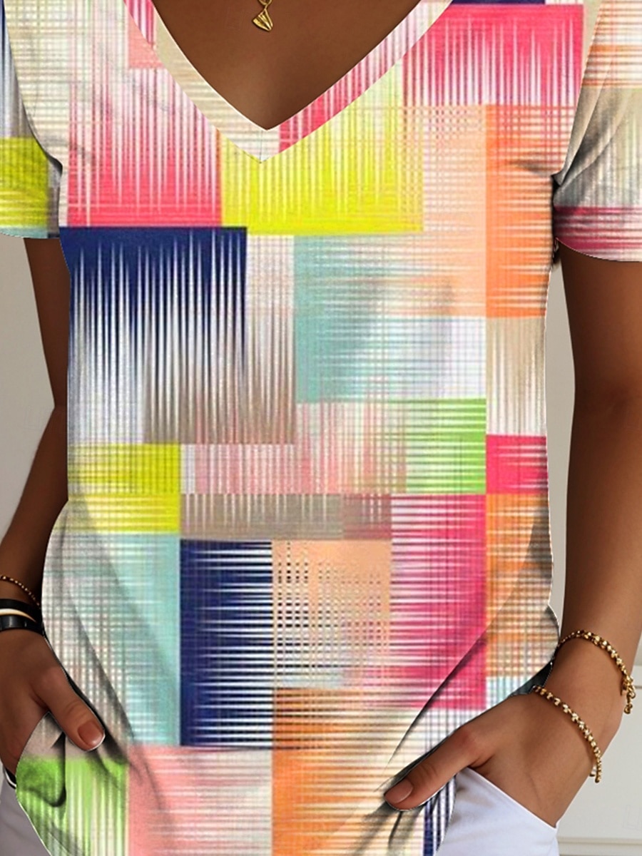 Pentru femei Tricou Ombre Grafic Geometric Casual Manșon scurt În V Topuri obișnuite Zilnic Imprimeu Curcubeu Vară Primăvară 2025 - $19.99 –P3