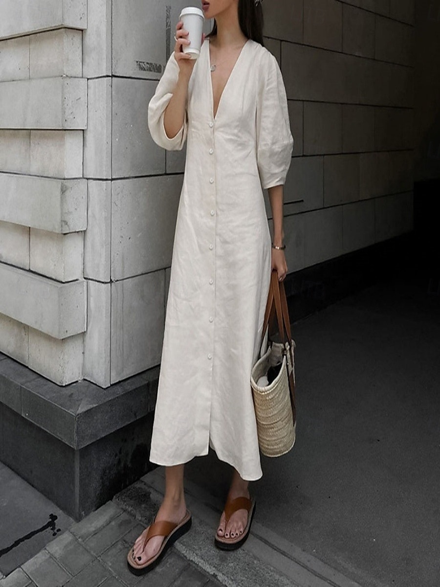 Damen Langes Kleid Maxikleid Freizeitkleid Sommerkleid Boho-Kleid Elegant Mode Basic Puffärmel Büro Geburtstag Täglich Normale Passform Einfach Halbarm Tiefer V-Ausschnitt Weiß Sommer Frühling Herbst 2025 - $23.99 –P6