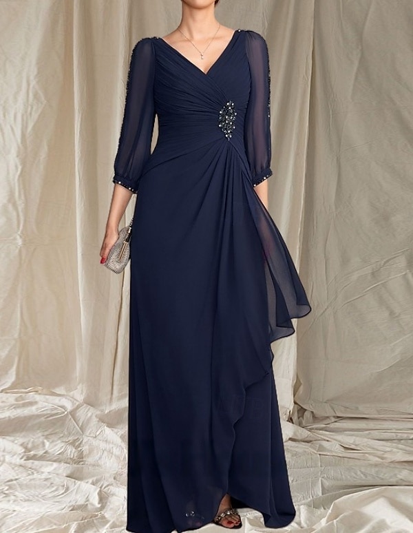 Linea ad A Abito da cerimonia per signora Ospite di nozze Elegante Scollo a V Lunghezza al pavimento Chiffon Manica 3/4 con Perline Arricciatura 2025 del 2025 a $195.99 –P1