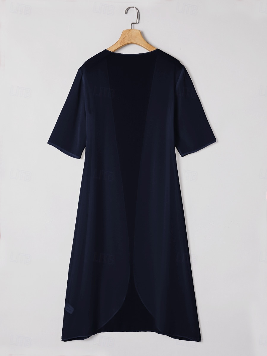 Dame Chiffongoverdeler Helfarge Elegant Stilfull Halvlange ermer Asymmetrisk Lange topper Navyblå Sommer Vår 2025 - $10.99 –P4