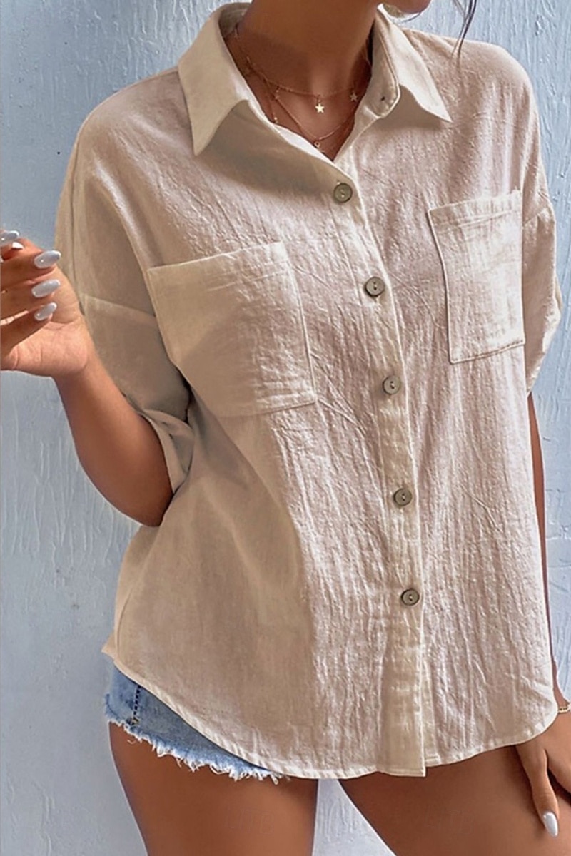 Damen Hemd Baumwoll-Leinen-Hemden Knopfleiste Bluse Einfach Basic Lässig Kurzarm Hemdkragen Normale Oberteile Ferien Ausgehen Knöpfe Tasche Schwarz Weiß Marineblau Khaki Grau Sommer 2025 - $21.99 –P8