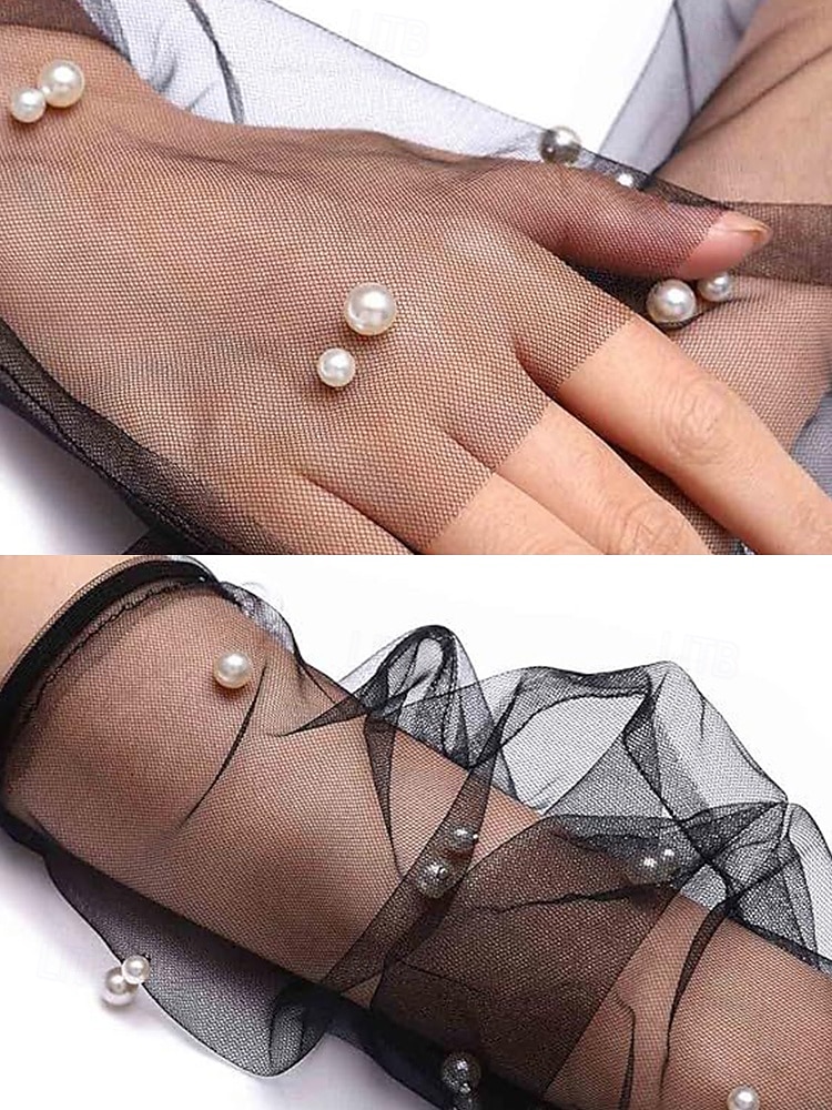 eleganta brudhandskar med skira pärlor – långa bröllopshandskar i tyll för kvinnor, vintage mesh-ärmar utan finger, högtidlig fest och tillbehör för speciella tillfällen 2025 - $11.99 –P7