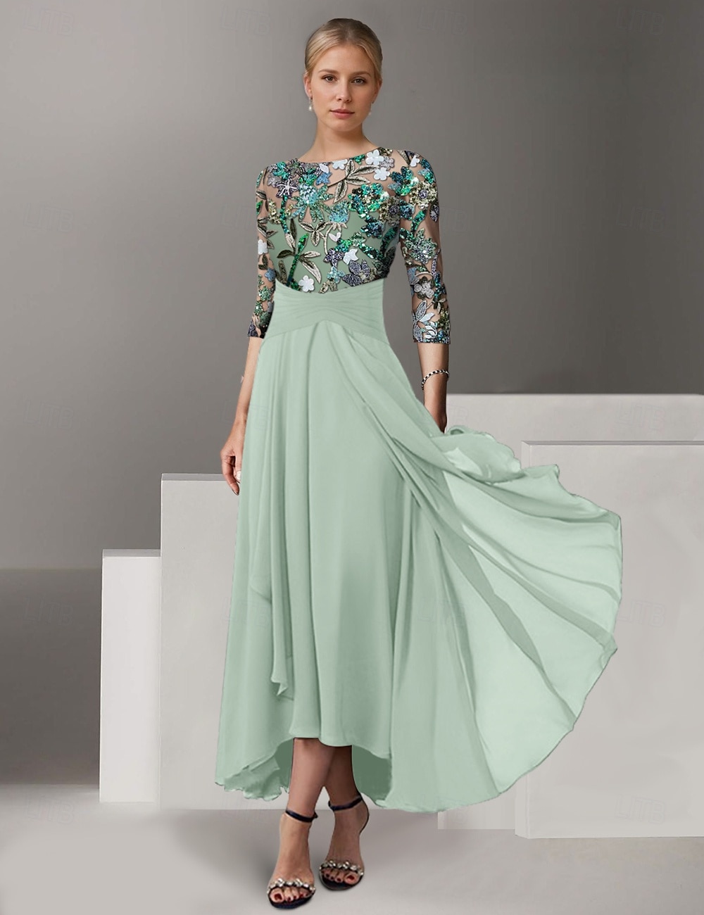 A-Linie Kleid Brautmutterkleid Hochzeitsgast Kirche Elegant Vintage Illusionsausschnitt Knöchellänge Chiffon Halbarm mit Paillette Stickerei 2025 2025 - $189.99 –P4