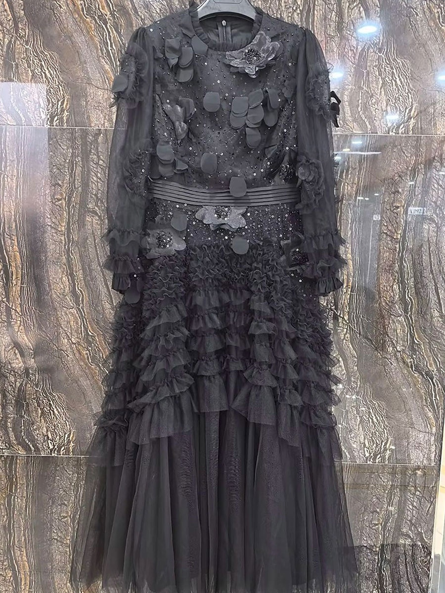 Šaty do A quinceanera růžové šaty květy svatební svatební host maxidélka dlouhý rukáv s kulatým výstřihem s volány 2025 - $169.99 –P9