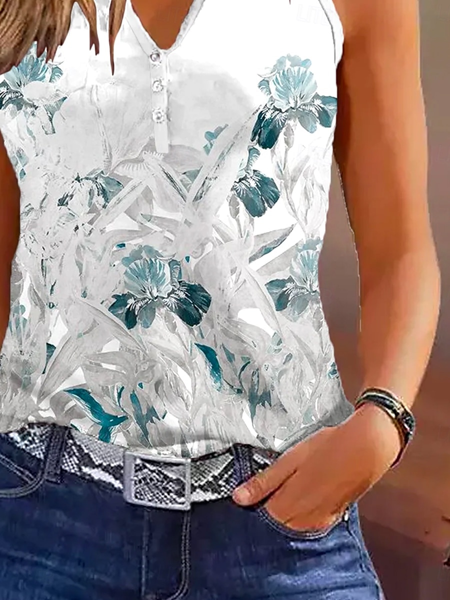 Kvinnors Camisole Tank Top Ombre Blommig Avslappnad Ärmlös Notched Hals Regular Topp Daglig Knapp Tryck Ljusblå Sommar 2025 - $17.99 –P3