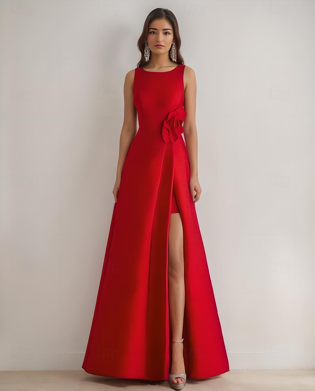 A-Line Evening Gown Elegant Dress Formal Wedding Floor Length Sleeveless Crew Neck Satin with Slit 3D Flower 2025 - $126.99 –P1