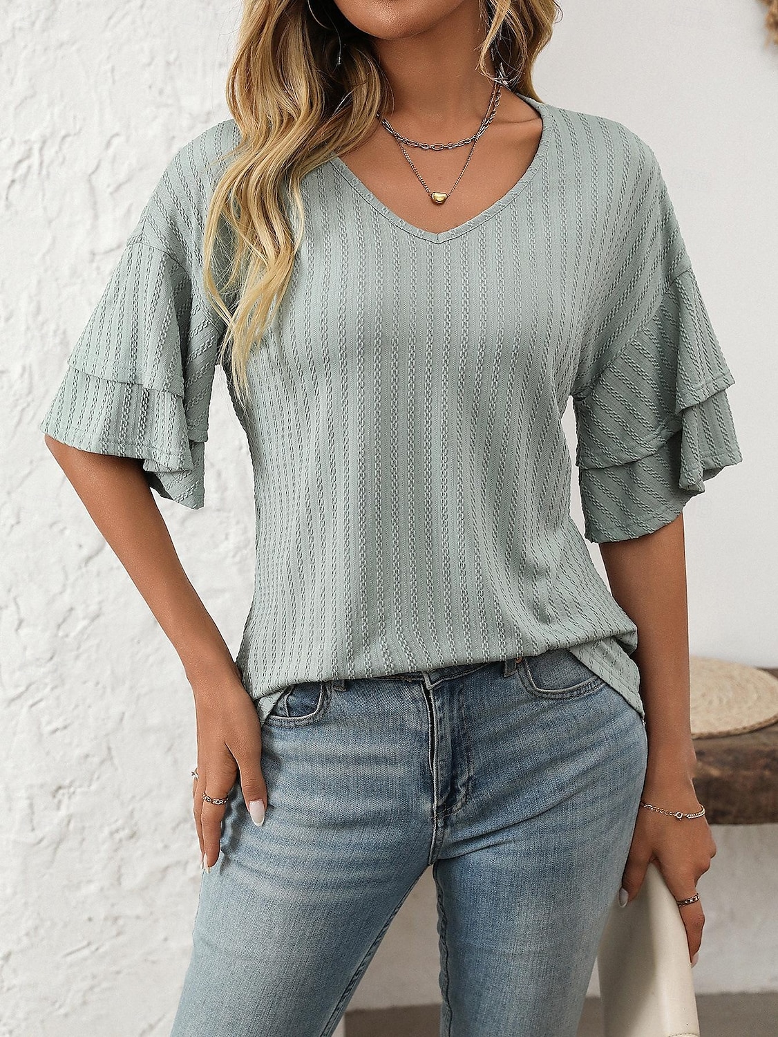 Women's T Shirt Plain Fashion Modern Short Sleeve V Neck Regular Tops Daily Ruffle Black White Wine Sky Blue Fuchsia Summer 2025 - $14.49 –P4