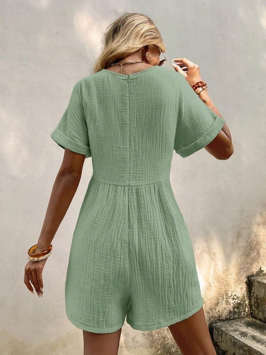 Rompers pour femmes couleur unie manches courtes col en V poches vacances quotidien coupe régulière noir vert abricot été de 2025 ? $34.99 –P6
