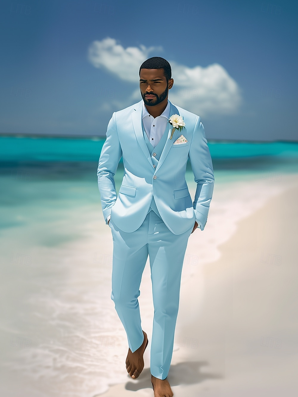 Men's Casual Beach Wedding Suits Sky Blue Fashion Casual Summer Solid Colored Standard Fit 3 Piece Single Breasted One-button 2025 - $122.99 –P2