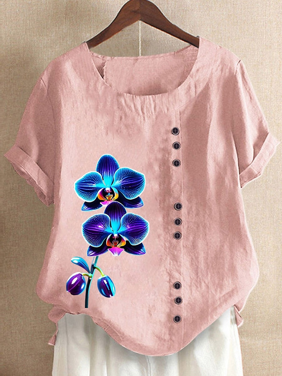 Dames 100% katoenen blouse bloemenprint vintage casual korte mouw ronde hals normale tops dagelijks uitgaan knopen print gras groen wit roze blauw paars zomer lente 2025 - $22.99 –P1