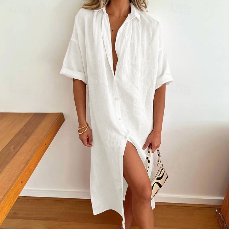 Damskie Sukienka midi Sukienki inspirowane lnem Sukienka koszulowa Bawełniana lniana sukienka Moda Klasyczny Codzienny Święto Weekend Regularny Równina Długi rękaw Kołnierzyk koszuli Biały Zielony 2025 - $32.99 –P3