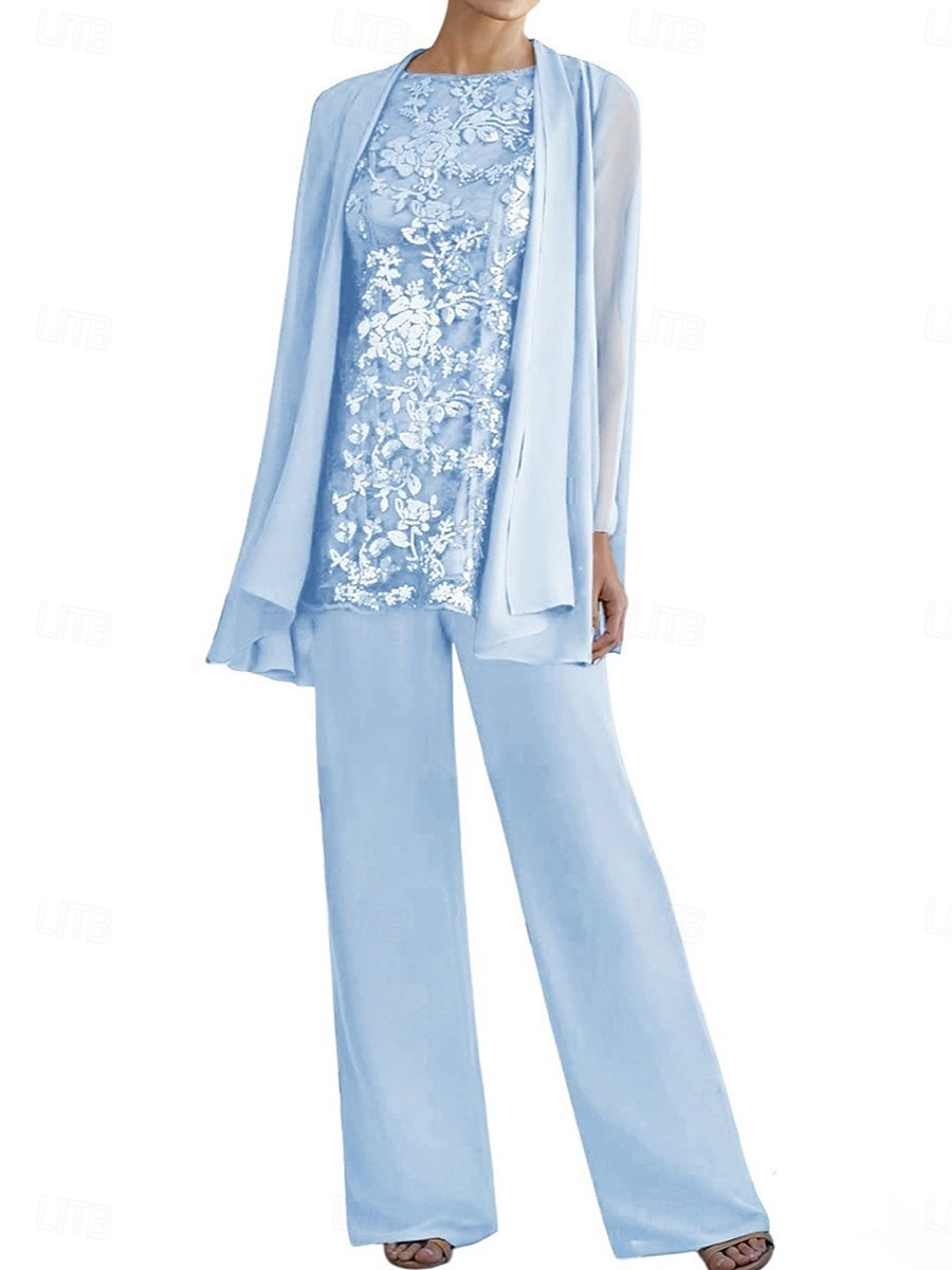 Dreiteilig Hosenanzug Brautmutterkleid Elegant Rundhalsausschnitt Bodenlang Polyester Langarm mit Perlenstickerei 2025 2025 - $99.99 –P1