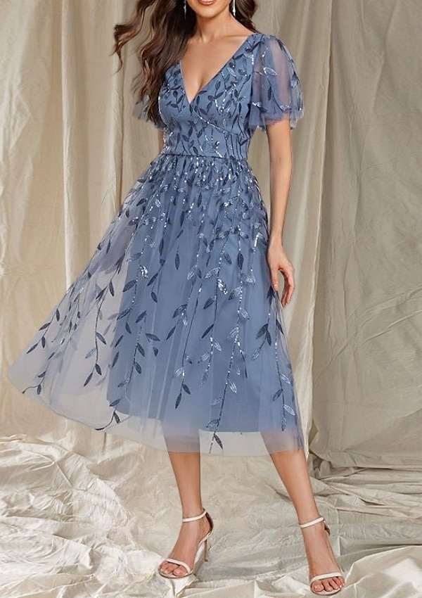 Abito A-Line Madre della Sposa Ospite di Nozze Elegante Scollatura a V Lungo al Ginocchio in Pizzo Maniche Corte con Abito Midi in Pizzo del 2025 a $141.99 –P3