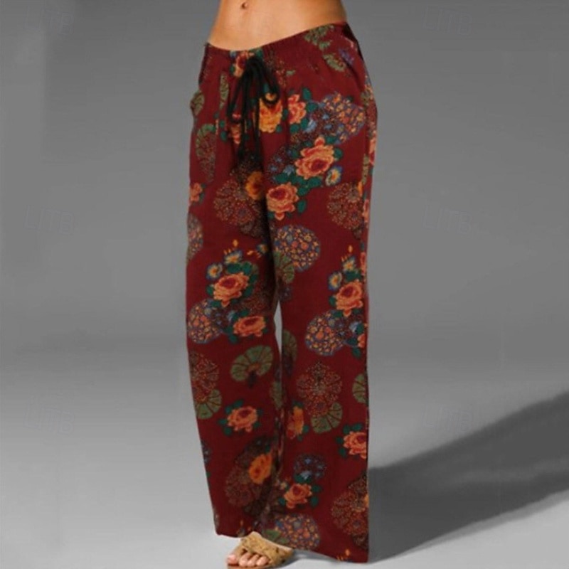 Femmes Jambe large Pantalon en coton et lin Pantalons Occasionnel Longueur complète Naturel Fleuri Impression Confortable Extérieur Tenue quotidienne Sortir Magenta Vin Noir Vert Été Coupe régulière de 2025 ? $16.99 –P3