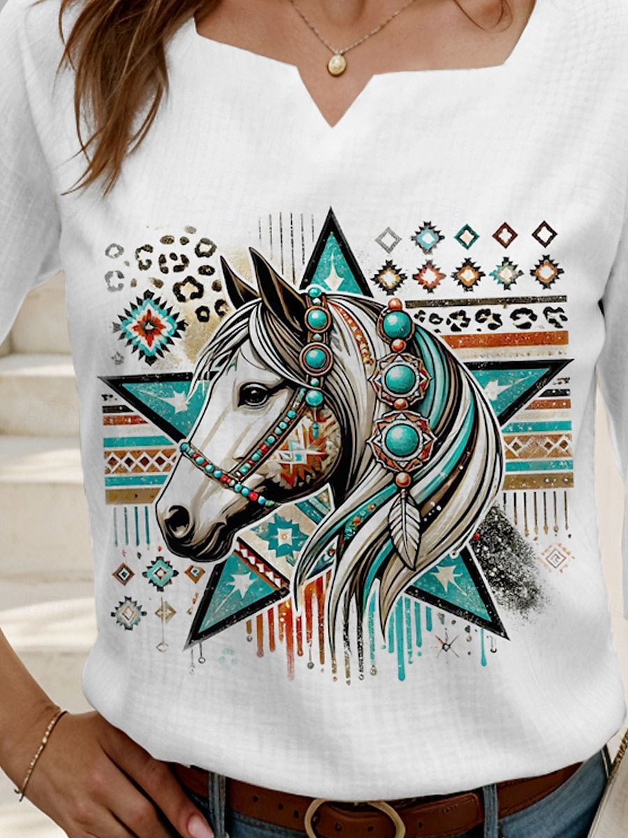Blouse pour femmes graphique animale élégante bohème à manches 3/4 col notch régulier tops quotidiens similicuir sortie imprimé blanc été de 2025 ? $23.99 –P3