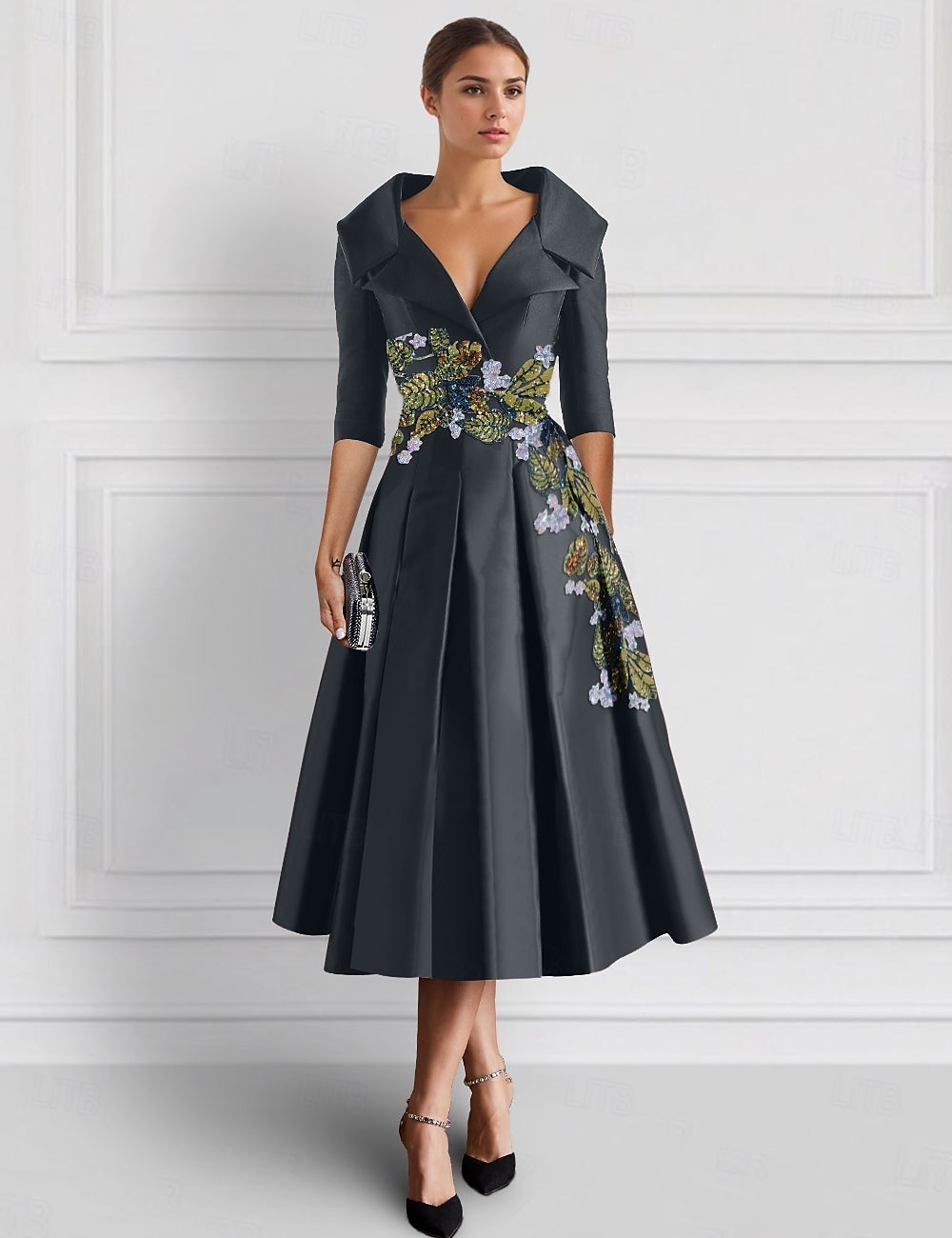 azul bordado folha floral renda a-line coquetel formal casamento convidado vestido elegante vintage camisa colarinho chá comprimento cetim meia manga 2025 de 2025 por $177.99 –P2