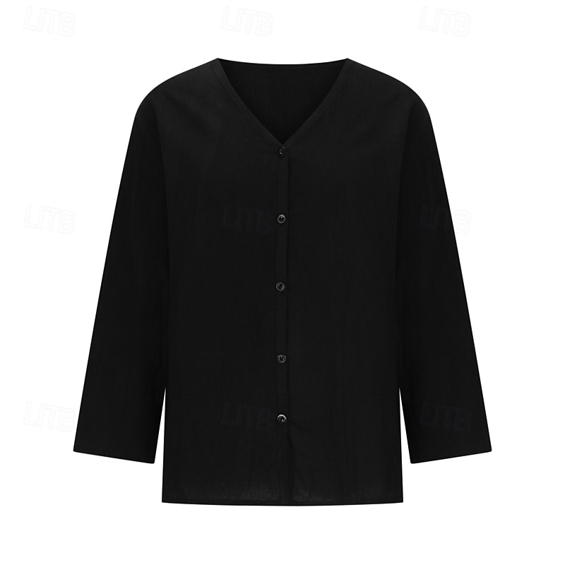 Damen Bluse Baumwoll-Leinen-Hemden Einfach Basic Modern Dreiviertelarm V Ausschnitt Normale Oberteile Täglich Ferien Ausgehen Knöpfe Schwarz Weiß Rosa Braun Aprikose Sommer 2025 - $22.99 –P6