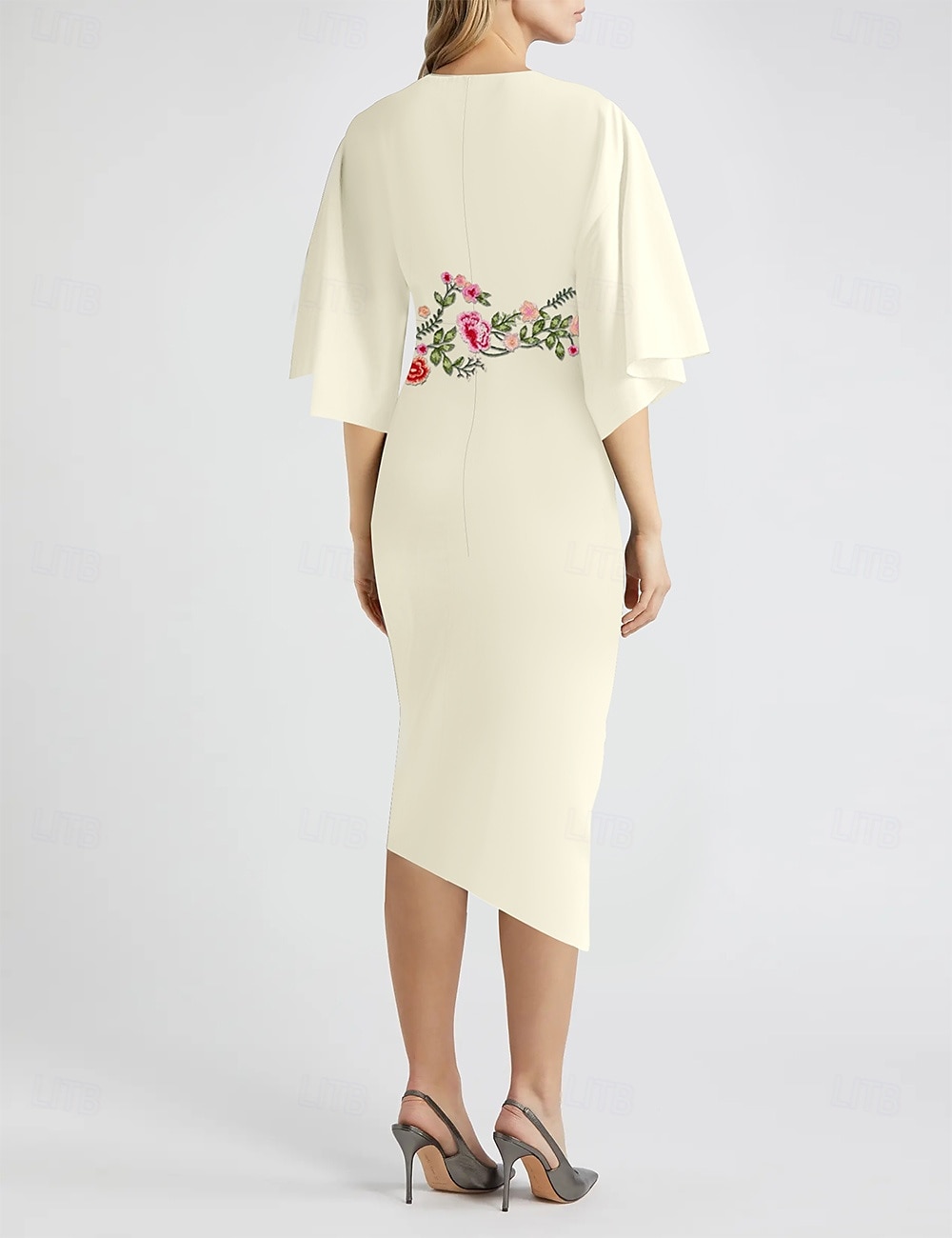 Blumengestickte grüne blaue Säulen-Brautmutterkleid Elegantes Vintage Rundhals Asymmetrisch Tee-Länge Stretchstoff Halbarm mit Spitze Stufe Midi Kleid 2025 2025 - $128.99 –P3