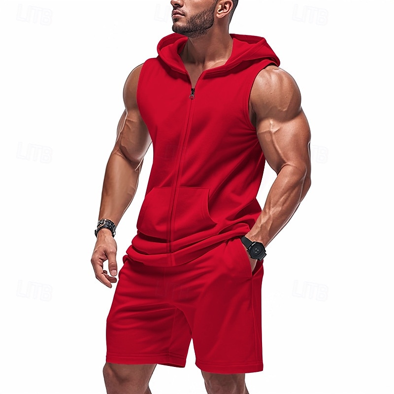 Men's T-shirt Suits 2 Pieces Outfits Tee & Shorts Short Sleeve Hooded Summer Plain Fashion Casual 2 Piece Vacation Daily Wear Going out Black Yellow Red Top Tee for Men 2025 - $41.99 –P13