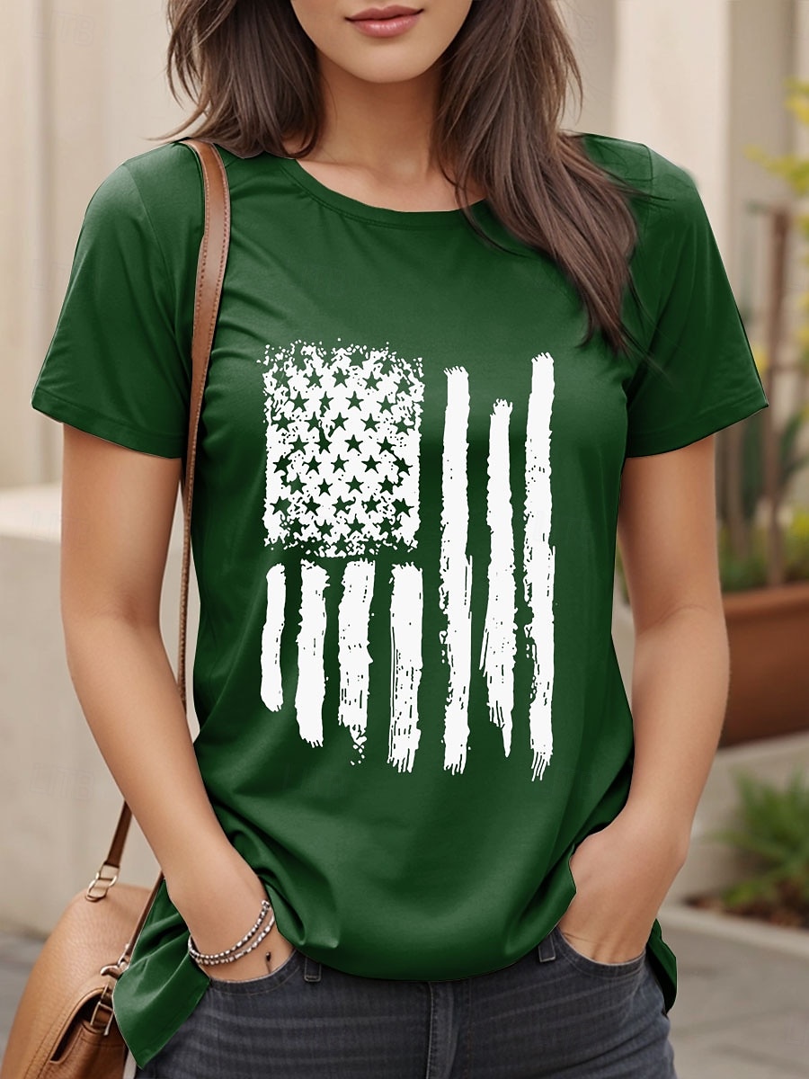 T-shirt patriotique pour femmes graphique avec drapeau décontracté à manches courtes col rond hauts réguliers imprimé quotidien noir vert blanc cassé été de 2025 ? $19.99 –P4