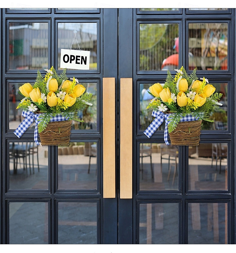guirlanda de primavera tulipa artificial e videira verde cesta decoração pendurada com fita xadrez para hotéis, cafés, entradas de casa de 2025 por $14.99 –P1