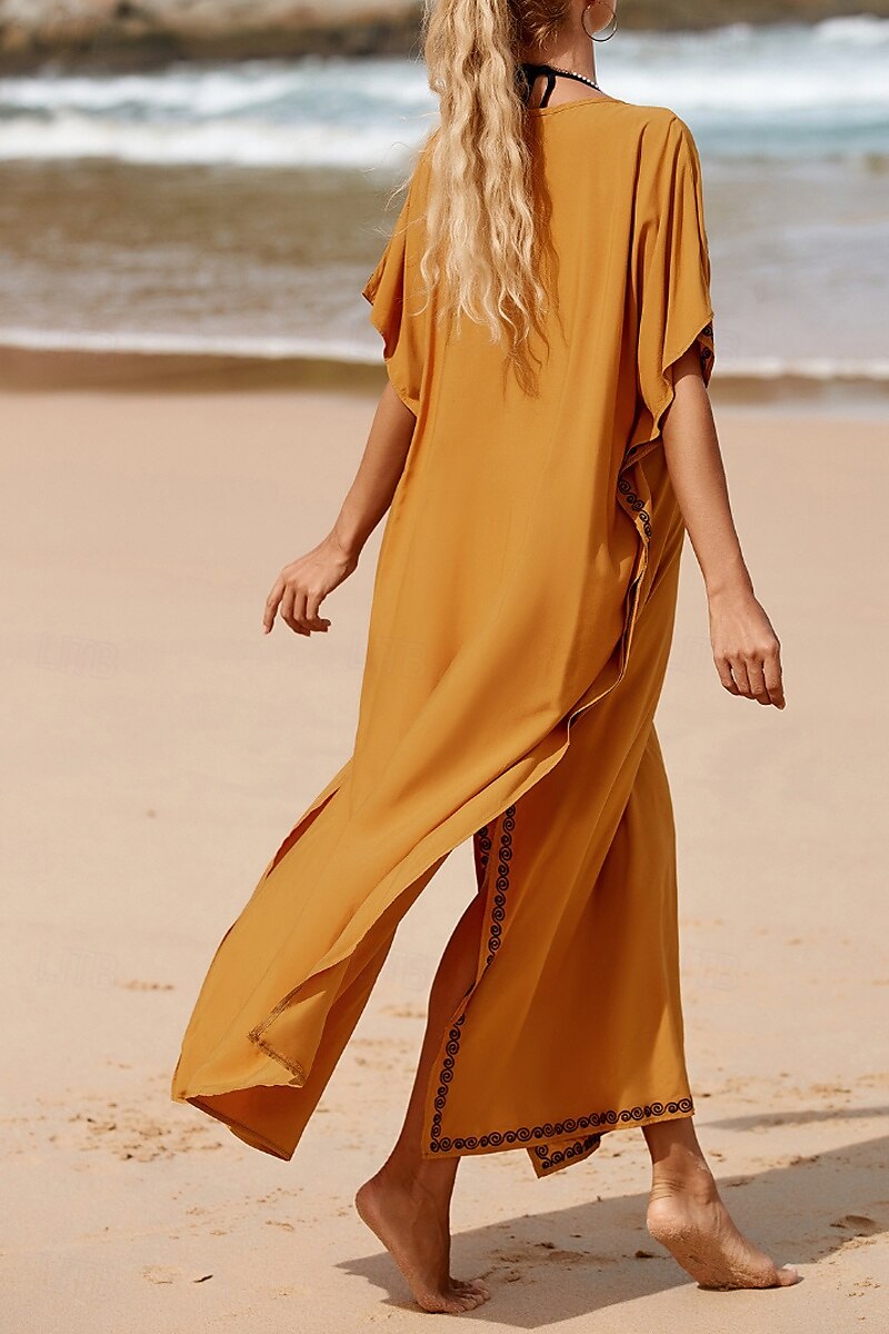 Women's Midi Dress Casual Dress Boho Dress Print Dress Fashion Modern Going out Beach Weekend Regular Fit Flower Short Sleeve V Neck Yellow Summer 2025 - $25.99 –P9
