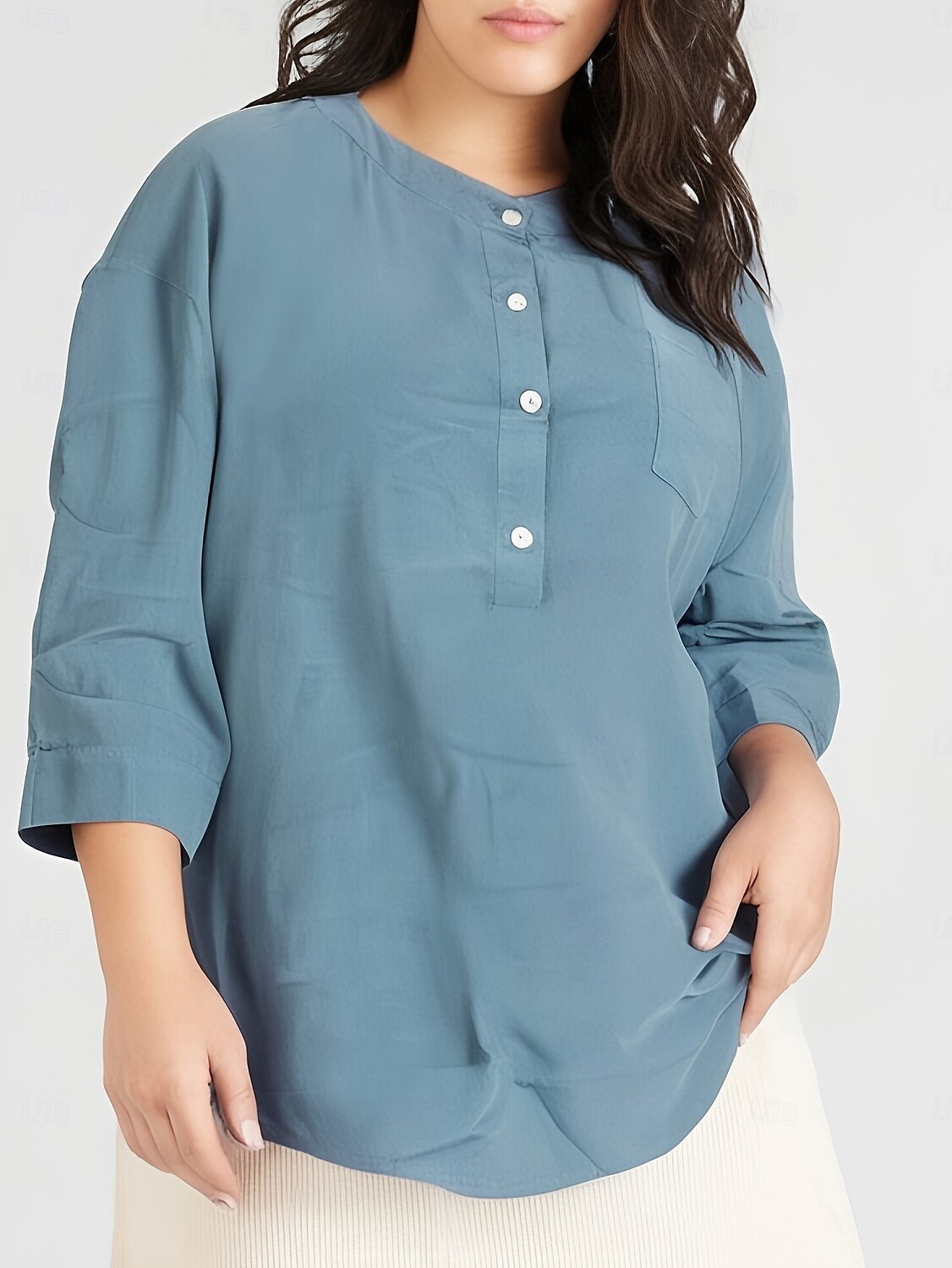 Women's Plus Size Linen-Inspired Shirts Blouse Solid Color Casual 3/4 Length Sleeve Shirt Collar Regular Tops Daily Blue Spring & Fall 2025 - $32.99 –P3