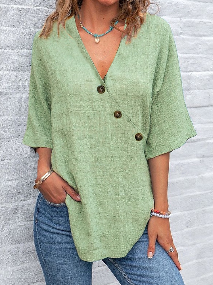 Women's Shirt Cotton Linen Shirts Plain Daily Casual Half Sleeve Butterfly Sleeve Crossover Collar Regular Tops Daily Patchwork Buttons Blue Purple Green Gray Summer Spring 2025 - $24.99 –P3