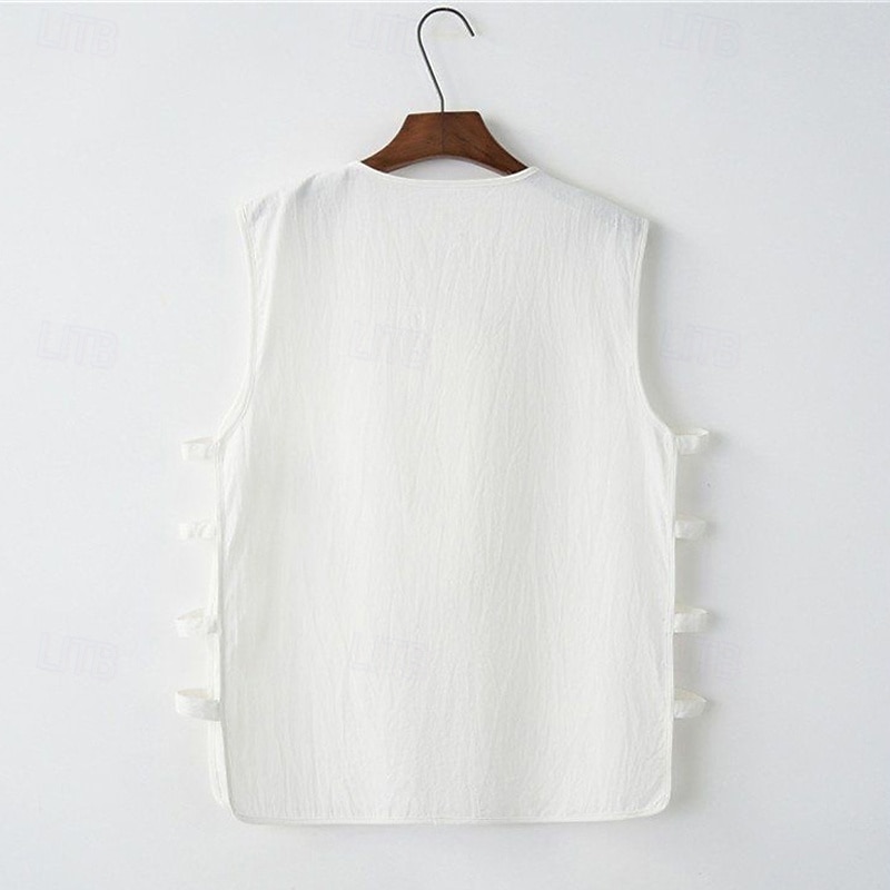 Herr Linne Undertröjor Ärmlös tröja Ärmlös V-hals Sommar Slät Designer Grundläggande Kineseri Knappar Semester Gata Utekväll Svart Vit Vin Topp t-shirt för män 2025 - $15.49 –P6