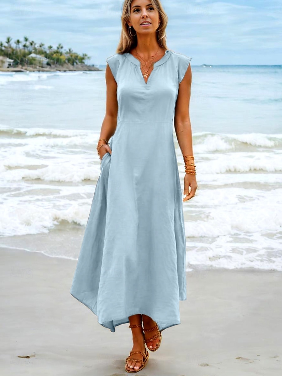 kvinners maxi-kjole t-skjortekjole tee-kjole sundress shift-kjole sommerkjole lin som bohemia ferie etnisk ferie strand normal passform ensfarget ensfarget kortermet hakk hals blå grå sommer 2025 - $36.99 –P1